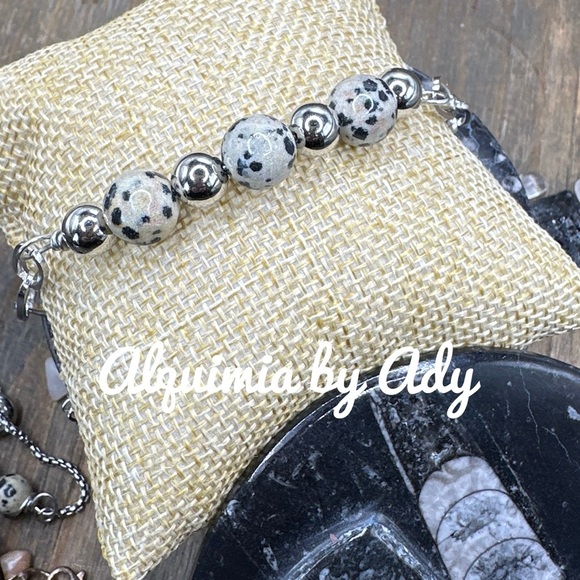 Silver Dalmatian Jasper adjustable paperclip chain bracelet handmade bohemian - Picture 1 of 4